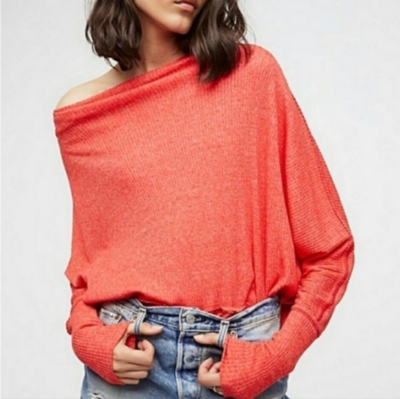 Free People Londowntown Thermal Off-Shoulder Oversized Boho Coral Sweater Sz S - Picture 3 of 8